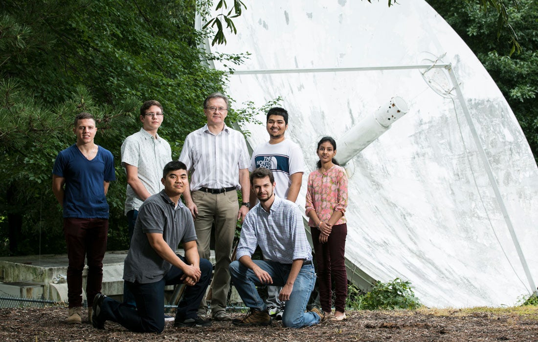 Instead of going to a scrap yard, this satellite dish serves as a platform for student projects involving satellite communications, space communications, and Earth-moon-Earth communications. With renewed interest in space travel and exploration, the dish will allow students to receive, process, and analyze signals from missions to the moon. Those working with the dish include, from left front, Sammy Lin and Aaron Martinez, and back row, Brian Smiga, Landon DeCoito, Peter Pachowicz, Jay Deorukhkar, and Keert